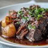 Golden brown Beef Pot Roast slow-braised in rich red wine gravy. 