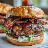 Gooey cheese-covered grilled bacon burger sliders stacked high on toasted buns.