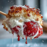Fluffy shortcake, juicy strawberries, and sweet cream stacked on skewers.
