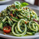 Fresh Zucchini Noodles and rich Avocado Pesto, perfect for a quick, healthy lunch.
