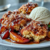 Juicy baked peaches crowned with a tender, golden biscuit topping, ready to enjoy.
