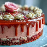 Delicate pink cake with rosé wine, topped with a luxurious gold drip.