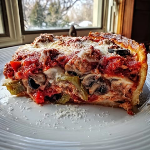 Deep dish pizza, with a thick, buttery crust and bubbling tomato sauce, ready to eat.