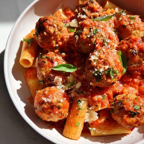 Close-up of baked turkey meatballs in a simmering tomato sauce, perfect for a cozy dinner.