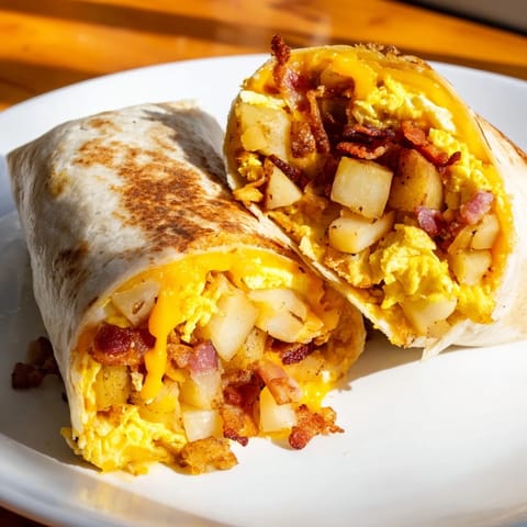 A warm flour Breakfast Burrito stuffed with sausage, peppers, and onions, served with a side of salsa verde for dipping.