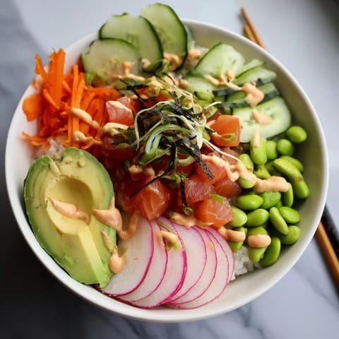 Colorful deconstructed sushi bowl featuring diced tuna, edamame, carrots, radishes, and nori, ready to be customized at home.