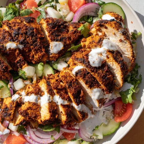 Grilled chicken Shawarma Salad topped with crisp veggies, herbs, and a drizzle of tangy yogurt dressing.