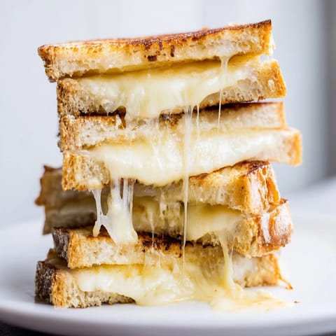Golden-brown Three-Cheese Grilled Cheese slices rest on a white plate, showcasing a gooey, melted blend of mozzarella, cheddar, and provolone.
