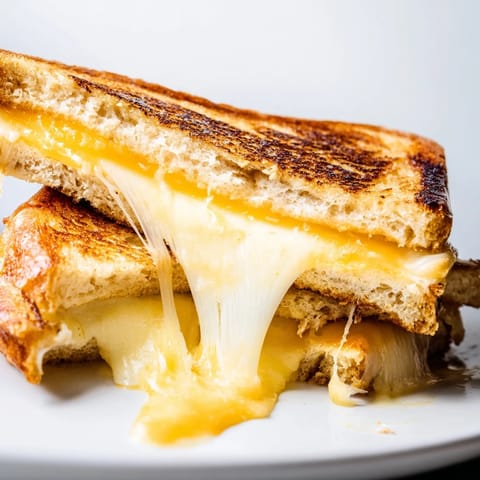 Crusty sourdough Three-Cheese Grilled Cheese is sliced diagonally, revealing a rich, multicolored cheese pull perfect for a classic lunch.