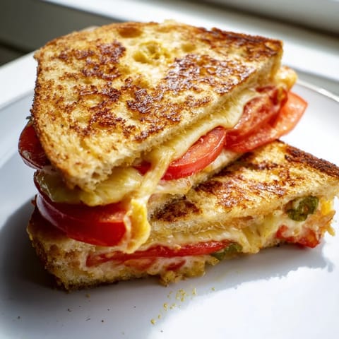 Two halves of a Pepper Jack & Tomato Grilled Cheese, melty cheese oozing between jalapeño-studded bread, served on a rustic plate.  