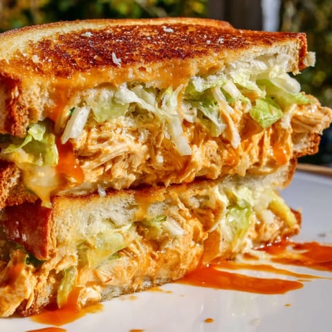 A toasted Buffalo Chicken Caesar Grilled Cheese on wooden cutting board, drizzled with extra sauce and Parmesan.  