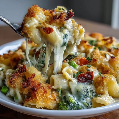 Hearty Garden Veg Mac and Cheese featuring broccoli, carrots, and peas in cheese sauce.