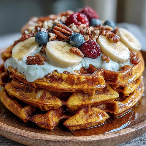 Golden, fluffy Anti-Inflammatory Adaptogenic Turmeric Waffles, topped with fresh berries and a drizzle of maple syrup, sitting on a rustic wooden board.  
