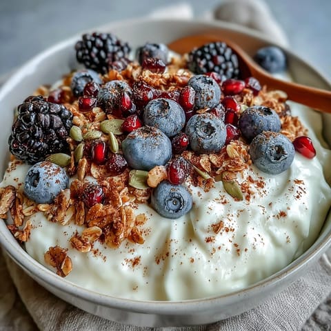 Creamy yogurt in a bowl is topped with spiced crunch and bright winter berries for a vibrant breakfast.