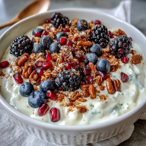 Thick yogurt bowl with winter berries and spiced crunch sits beside a steaming mug of tea.