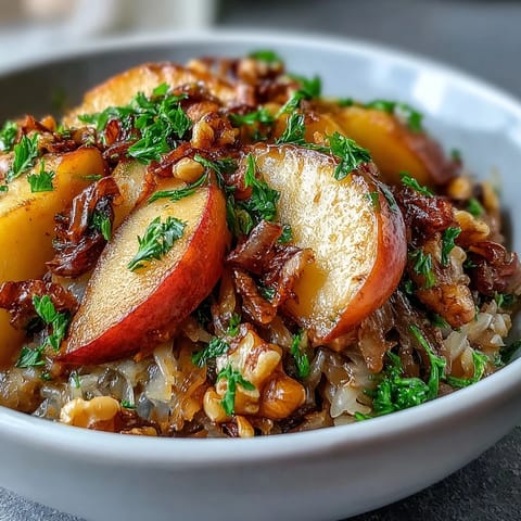 Golden apples and sauerkraut sizzle warmly in a skillet, seasoned with caraway and fresh parsley garnish.  