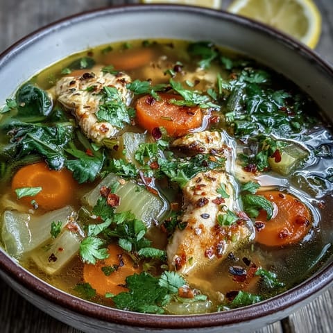 Turmeric Chicken Soup features tender chicken pieces and vibrant carrots in a fragrant, golden broth infused with ginger and spices.  