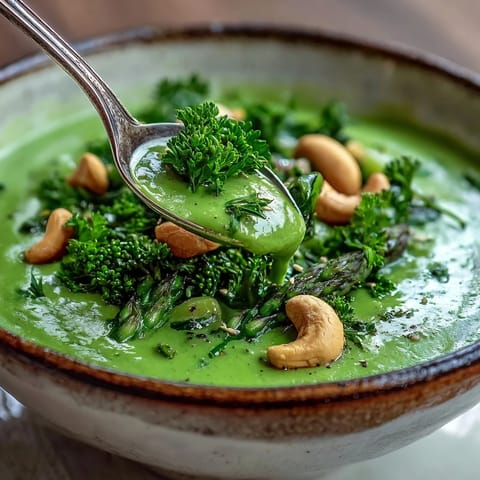 Big Green Immunity-Boosting Vegetable Soup served steaming hot, blended until smooth with vibrant green color and fresh herbs on top.  