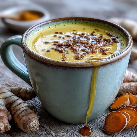 Bright golden Turmeric and Ginger Golden Milk swirls in a clear glass mug, showcasing its warm, soothing hue against soft morning light.
