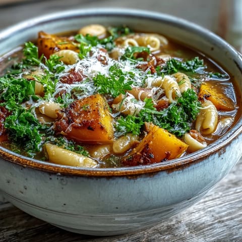 Hearty Winter Minestrone Soup With Butternut Squash and Kale in a rich tomato broth, featuring tender vegetables and beans ready to enjoy.