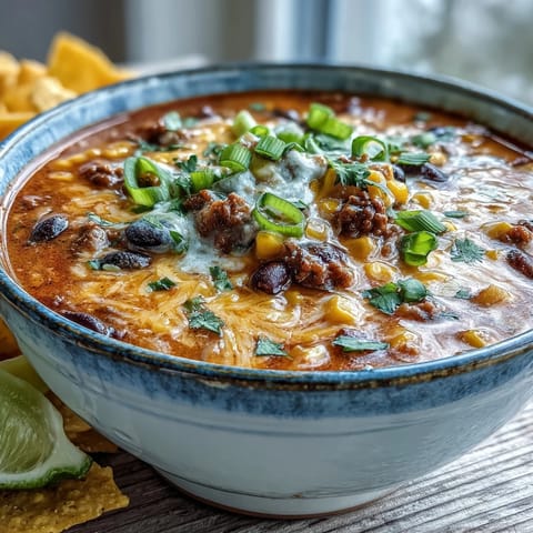 Close-up of Creamy Taco Soup topped with a dollop of sour cream, fresh cilantro, and crushed tortilla chips for crunch.