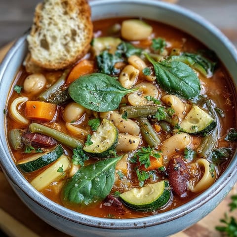 Hearty Minestrone Soup ladled into a white bowl, garnished with fresh parsley and served alongside crusty artisan bread.