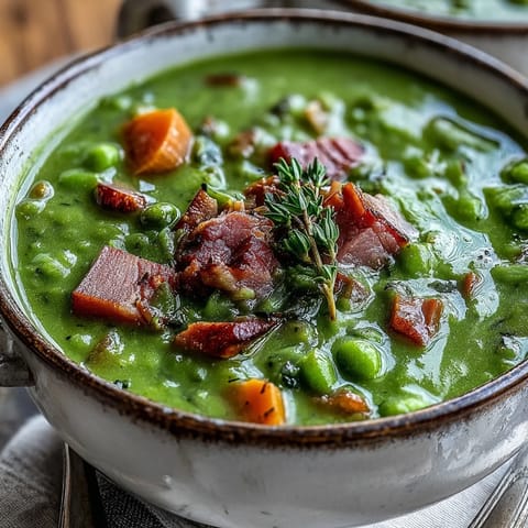 Thick, savory Split Pea and Ham Soup in a rustic bowl, garnished with fresh herbs. 