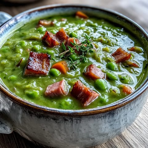 A steaming pot of Split Pea and Ham Soup with a flavorful meaty ham bone. 