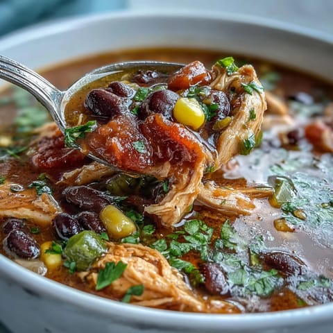 A steaming bowl of Southwestern Turkey Soup with tender turkey, black beans, and melted cheese garnish.