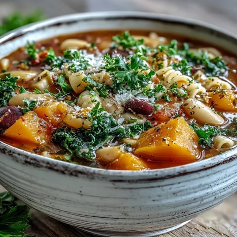 A steaming bowl of Winter Minestrone Soup With Butternut Squash and Kale, topped with fresh parsley and Parmesan, served with crusty bread.