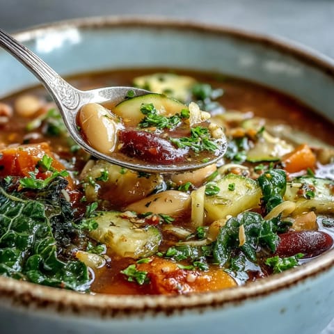 A steaming bowl of Winter Minestrone Soup with kale and butternut squash, served with crusty bread for dipping.