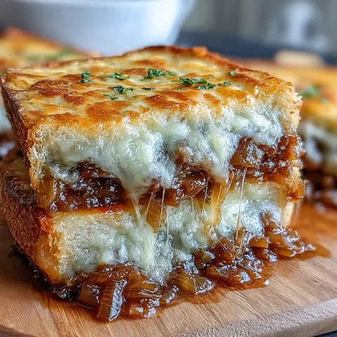 Golden, slow-caramelized onions simmer in a rich beef broth, topped with a crispy baguette slice and melted Gruyère cheese in a Dutch oven.
