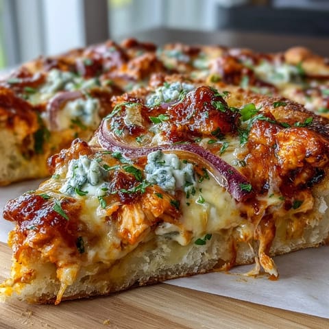 Golden-crusted Buffalo Chicken Pizza topped with spicy buffalo chicken, red onions, and blue cheese crumbles on a wooden board.