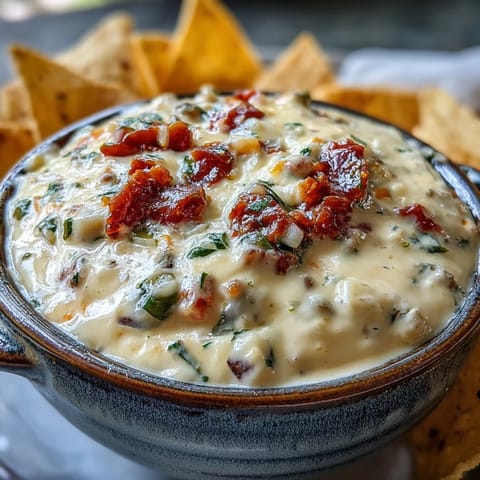 Creamy and spicy Queso Dip is served warm in a bowl, topped with fresh cilantro and diced tomatoes for a party appetizer.