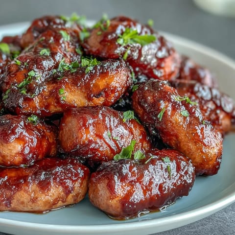 Slow-cooked Crock Pot BBQ Cocktail Sausages simmer in sweet apricot barbecue sauce, bubbling in a slow cooker for game day.