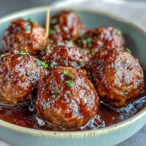 Easy Sweet and Sour Crock Pot Meatballs glazed with a sticky, tangy sauce served on a platter with parsley garnish.