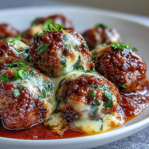 Cheesy, Garlicky Meatballs With Marinara simmering in a rich tomato sauce, topped with melted mozzarella and fresh basil garnish.