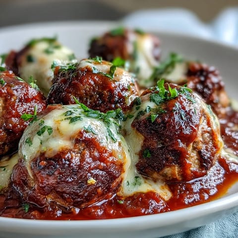 Golden-baked Cheesy, Garlicky Meatballs With Marinara on a plate, paired with twirled spaghetti and a sprinkle of Parmesan.