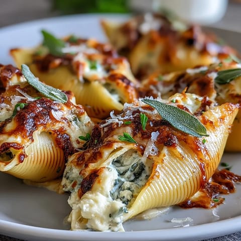 Golden, bubbling Pumpkin & Gouda Stuffed Shells rest in a creamy brown butter Alfredo sauce, garnished with crispy sage.