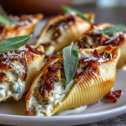 Fork-ready jumbo shells filled with smoky Gouda and pumpkin are spooned into a bowl, ready for a weeknight dinner.