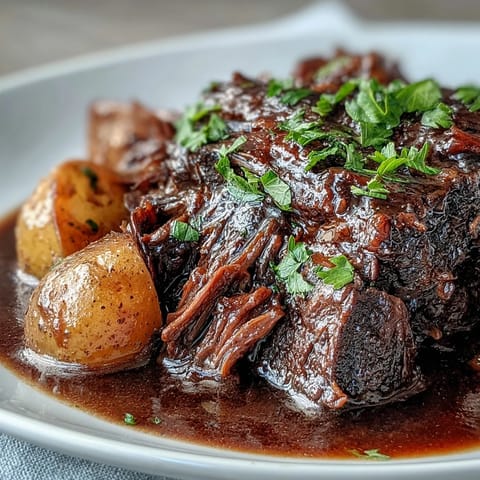 Golden brown Beef Pot Roast slow-braised in rich red wine gravy. 