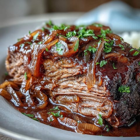 Tender slices of Savory Crock Pot French Onion Pot Roast swimming in rich beef and red wine juices with caramelized onions.