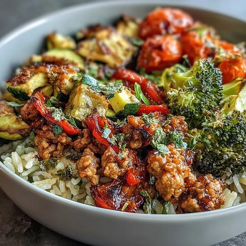 A hearty Ground Turkey Bowl filled with vibrant roasted vegetables and fluffy quinoa, ready to serve.