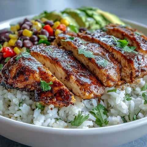 Cajun Chicken Bowl with fluffy rice, black beans, and sweet corn topped with fresh avocado slices.
