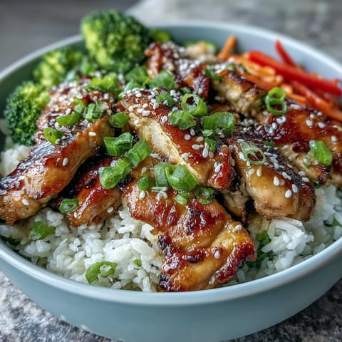 Golden-brown marinated chicken and crisp vegetables rest atop a fluffy bed of steamed white rice in this Chicken and Rice Bowl.
