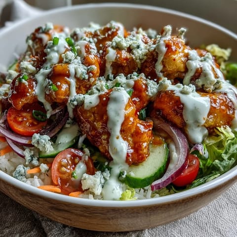 Golden brown buffalo chicken rests on rice, lettuce, tomatoes, carrots, cucumber, and red onion, with creamy ranch and blue cheese crumbles over the Buffalo Chicken Bowl.