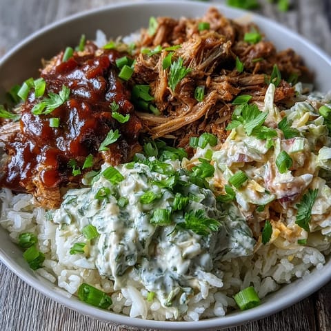 Pulled Pork Bowl with tender slow-cooked pork, fluffy white rice, and tangy coleslaw on a marble counter.