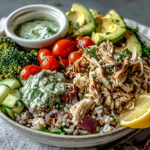 A customizable Rotisserie Chicken Bowl topped with steamed broccoli, cucumber, and a drizzle of creamy tzatziki sauce.