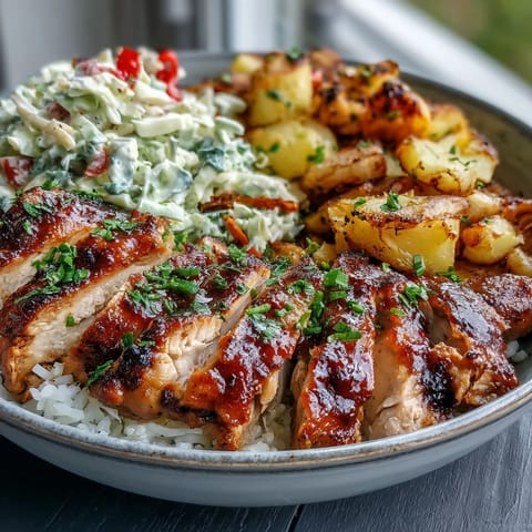 Freshly prepared BBQ Chicken Bowl features juicy sliced chicken topped with crisp coleslaw and vibrant red bell peppers on fluffy rice.