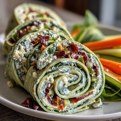 Fresh spinach tortillas rolled with herb cream cheese and crunchy veggies, offering a vibrant, colorful appetizer for any gathering.  